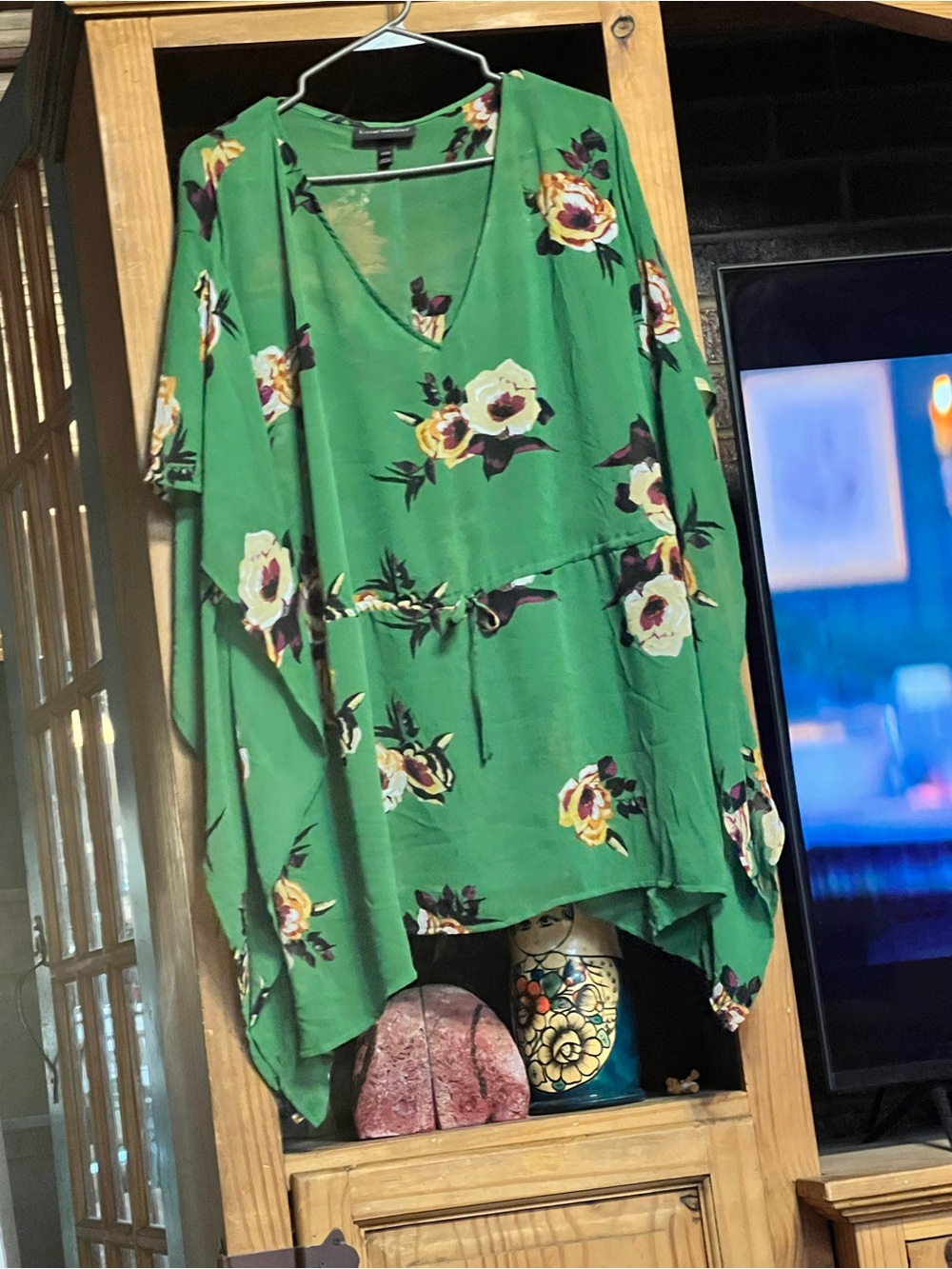 Lane Bryant Green Floral V-Neck Tunic with Waist Tie
